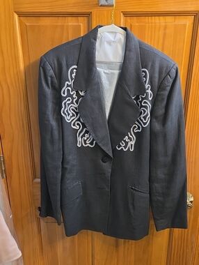 Black Linen Blazer with White Embroidered Neck Detail